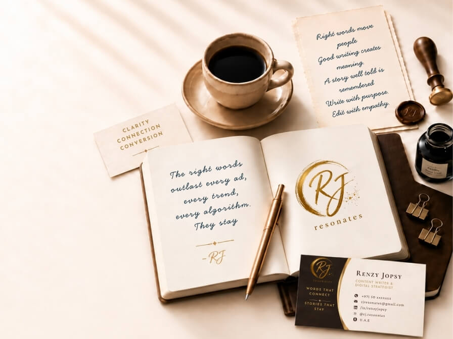 Hero Image of a Writer's Desk with the words "The right words outlook every ad, every trend, every algorithm. They stay. A small card with the text "Clarity. Connection. Conversion.