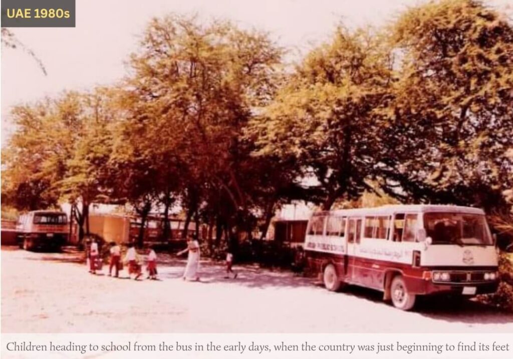 Children heading to school in the UAE in the 1980s, a city just beginning to find its feet